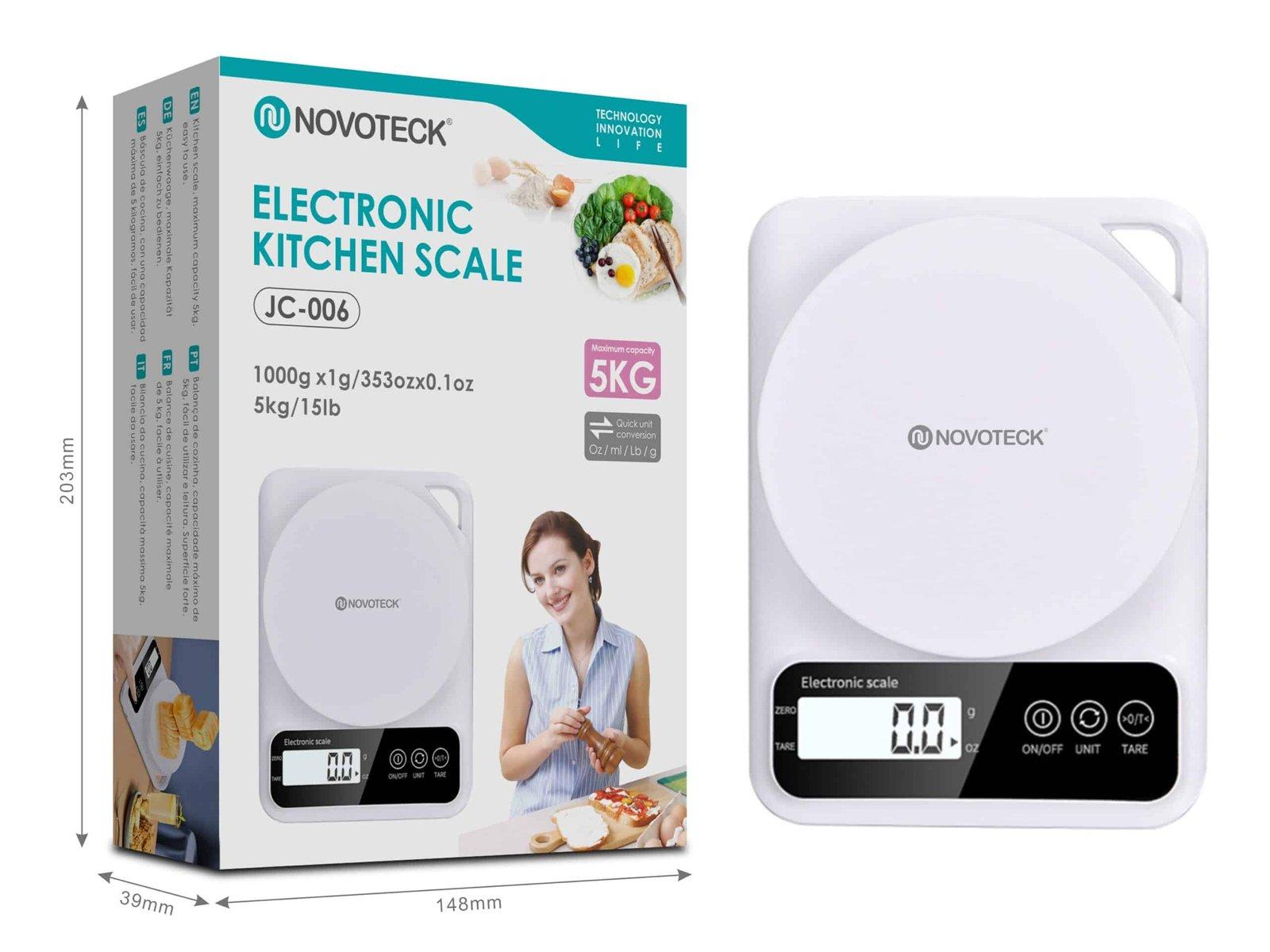 Balança de Cozinha Digital Novoteck JC-006 - Capacidade 5kg, Precisão de 1g, Função Tara, Display LCD, Design Moderno em Branco