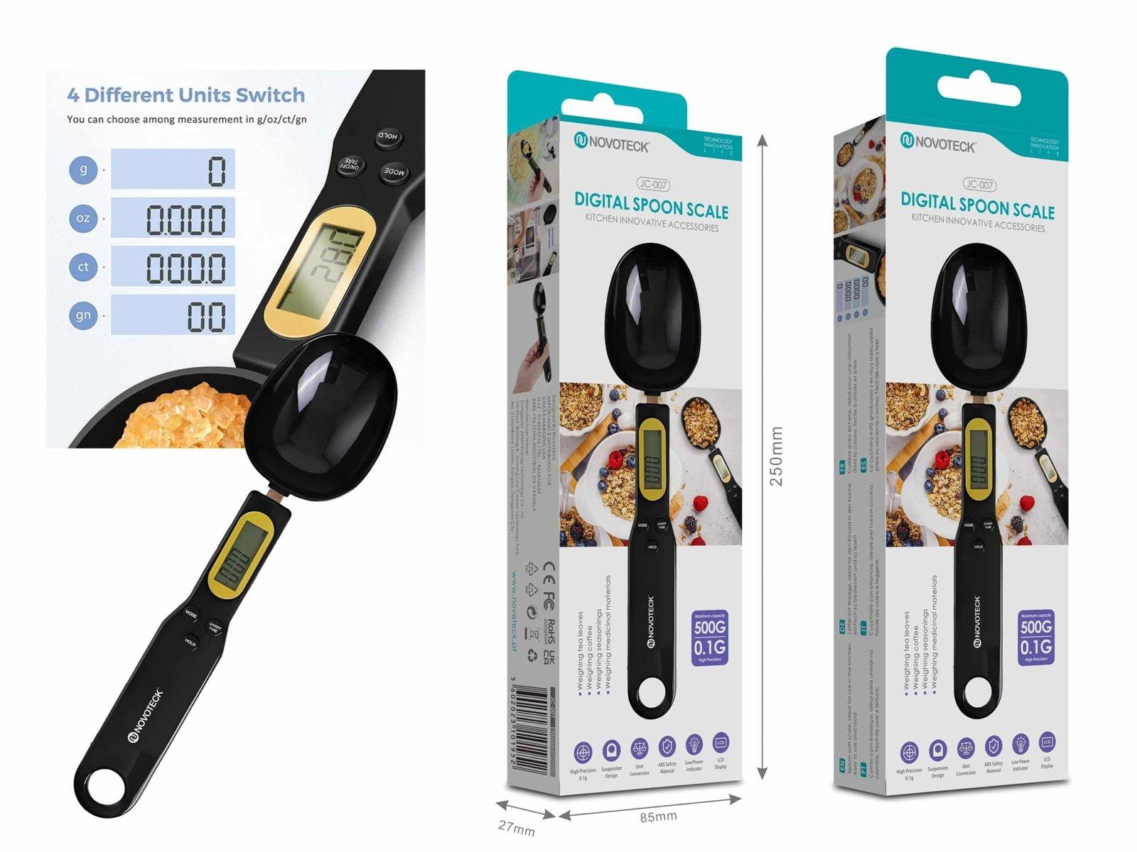 Balança de Colher Digital Novoteck JC-007 - Capacidade 500g, Precisão 0.1g, Display LCD, 4 Unidades de Medida, Colher Removível