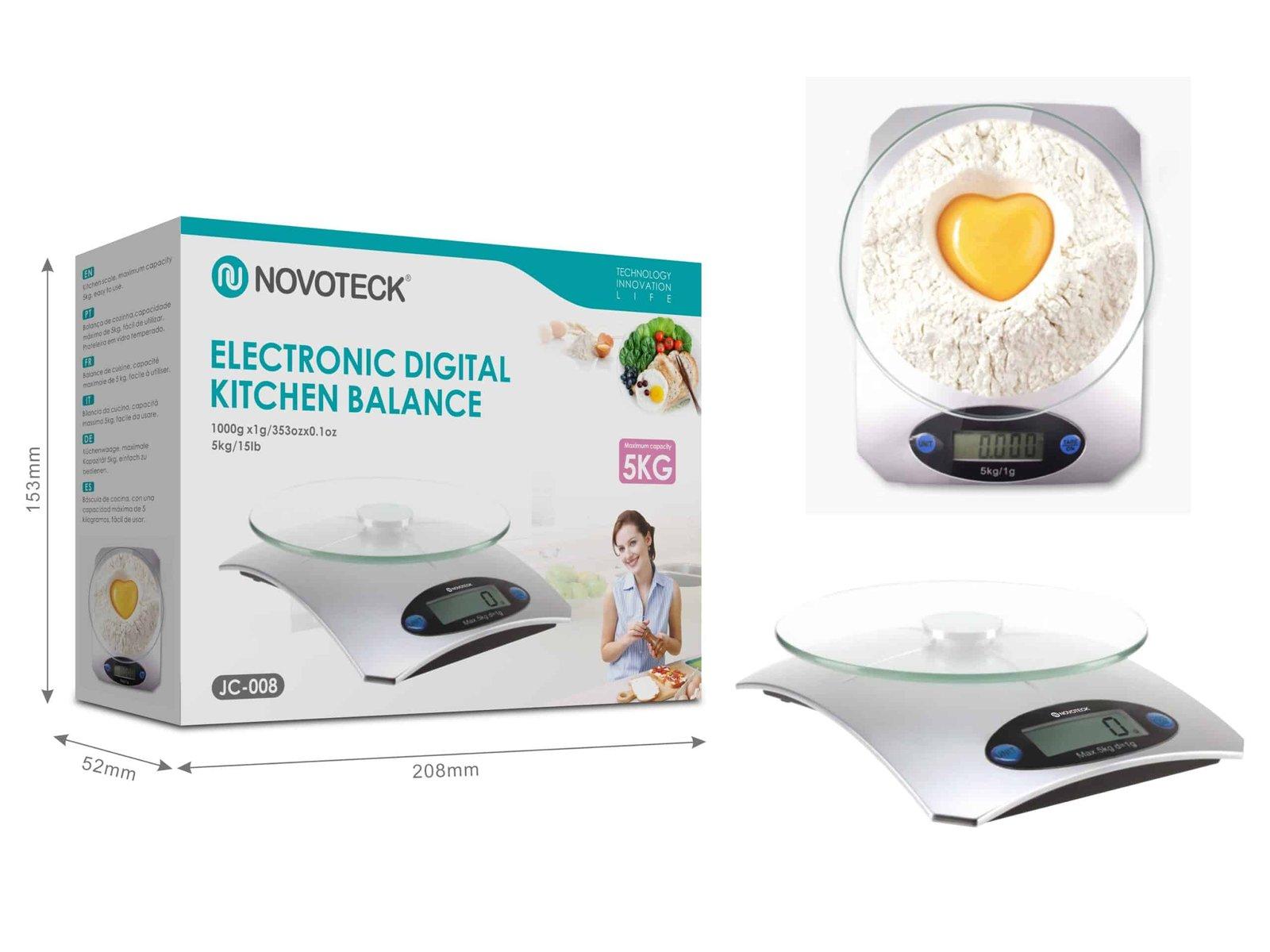 Balança de Cozinha Digital Novoteck JC-008 - Capacidade 5kg, Precisão 1g, Display LCD Iluminado, Plataforma de Vidro, Função Tara