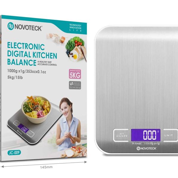 Balança de Cozinha Digital Novoteck JC-009 - Alta Precisão, Design em Aço Inoxidável, Capacidade de 5 kg/15 lb