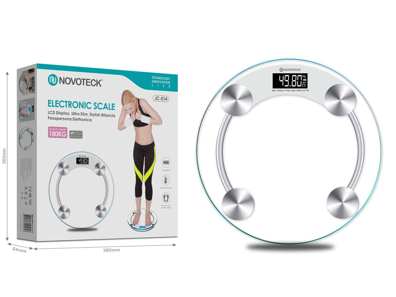 Balança Eletrônica Digital Novoteck JC-014 – Capacidade 180kg, Precisão 100g, Display LCD, Design Ultrafino, Vidro Temperado