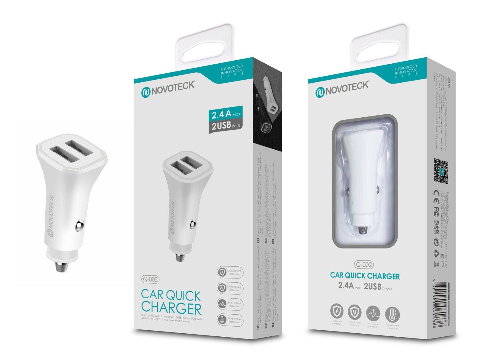 Carregador Rápido Automóvel 2.4A com Dupla Porta USB Branco Q-002