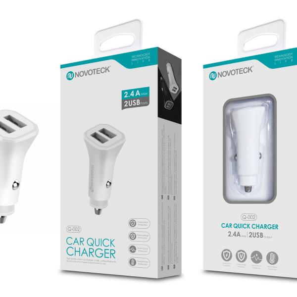 Carregador Rápido Automóvel 2.4A com Dupla Porta USB Branco Q-002
