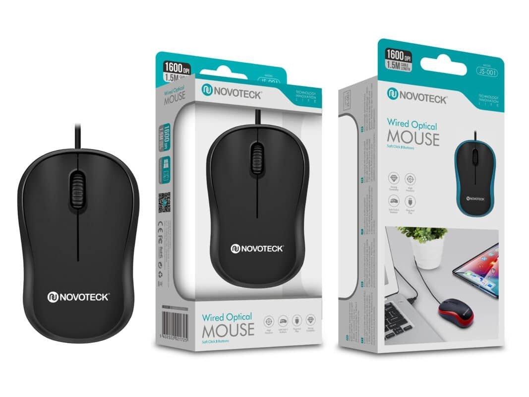 Rato Óptico com Fio Negro JS-001 - Precisão e Conforto de 1600 DPI