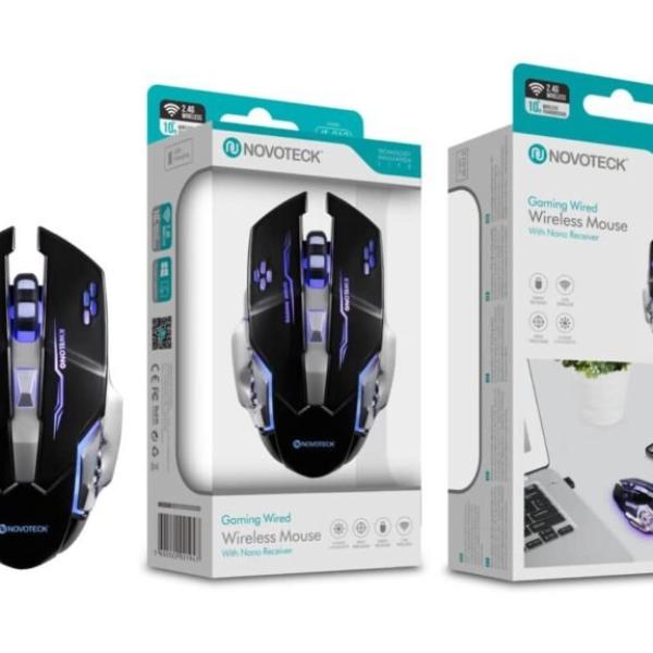 Rato Gamer Sem Fio NOVOTECK JS-012 – Ergonômico com LED Azul, Botões Programáveis, Alta Precisão DPI, Nano Receptor