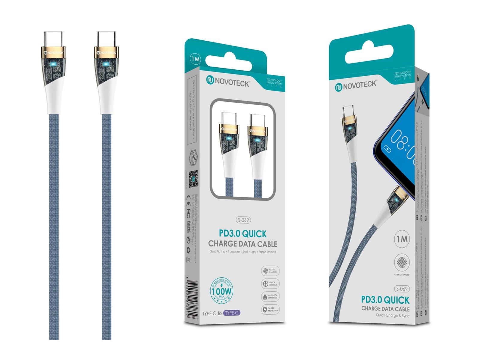 Cabo PD 100W Type-C to Type-C Azul S-069 Luz Indicador