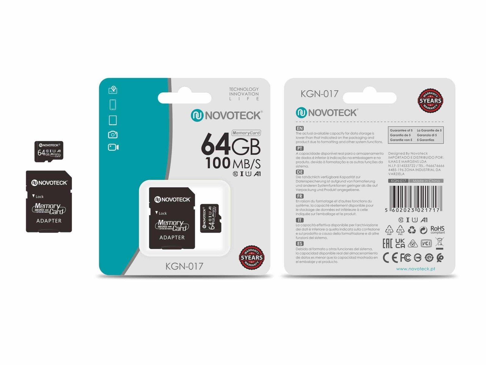 Cartão de Memória Novoteck 64GB microSDHC com Adaptador – KGN-017, 100MB/s, Classe 10, A1