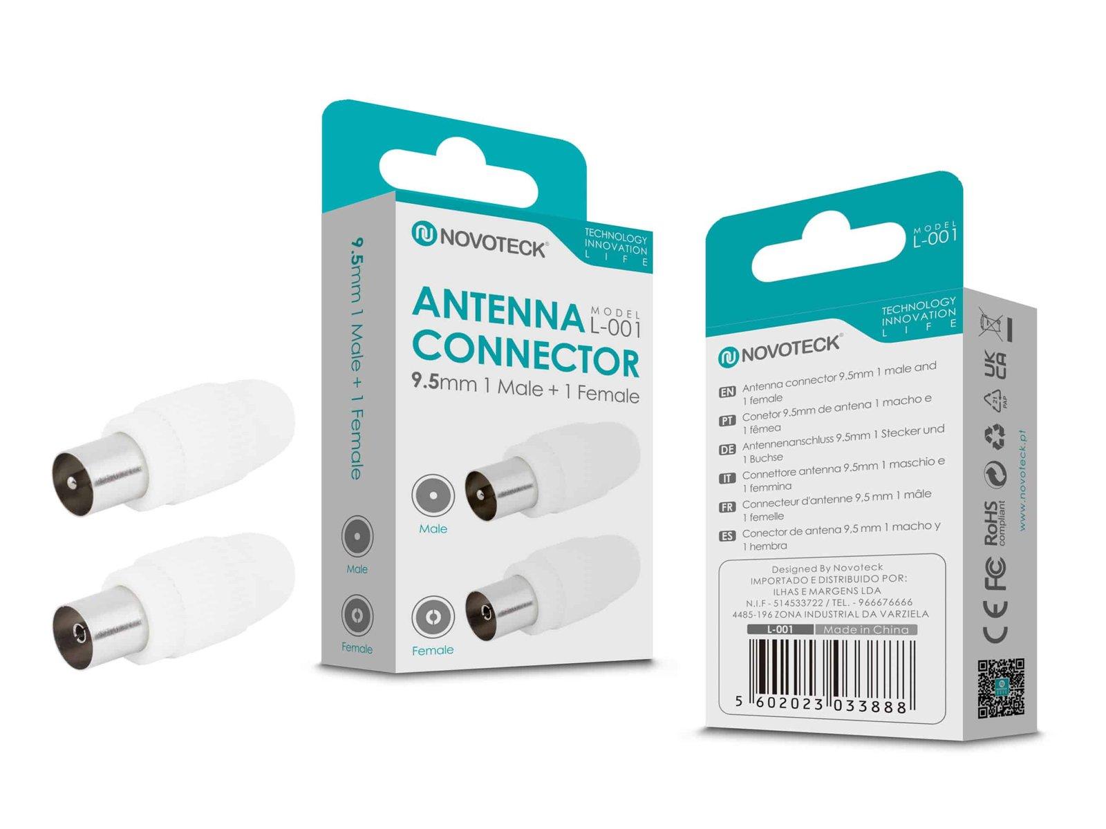 Conector de Antena NOVOTECK L-001 - Macho 9,5mm + Fêmea, Conexão Estável, Instalação Fácil