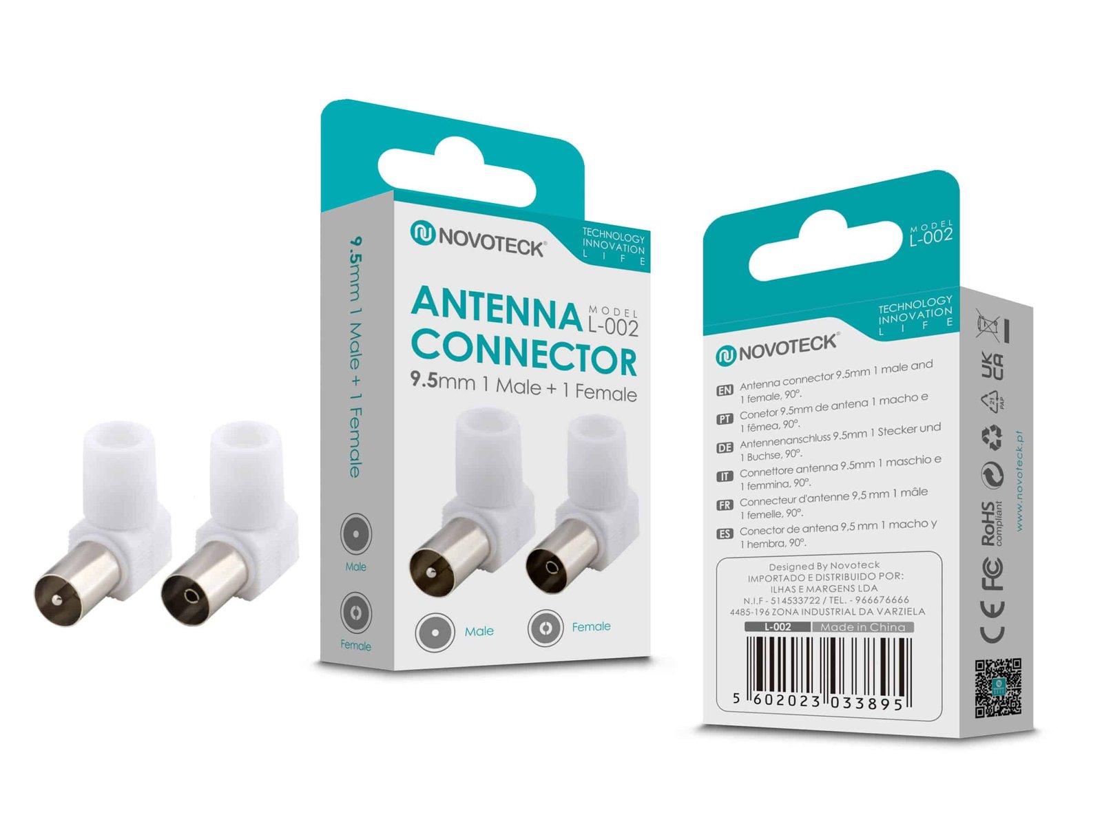Conector de Antena em Ângulo NOVOTECK L-002 - Macho 9,5mm + Fêmea 90°, Conexão Segura e Durável