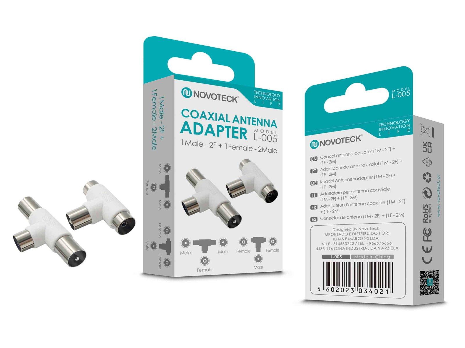 Adaptador Coaxial de Antena NOVOTECK L-005 - Conectores Múltiplos para Divisão de Sinal, Instalação Fácil, Alta Compatibilidade