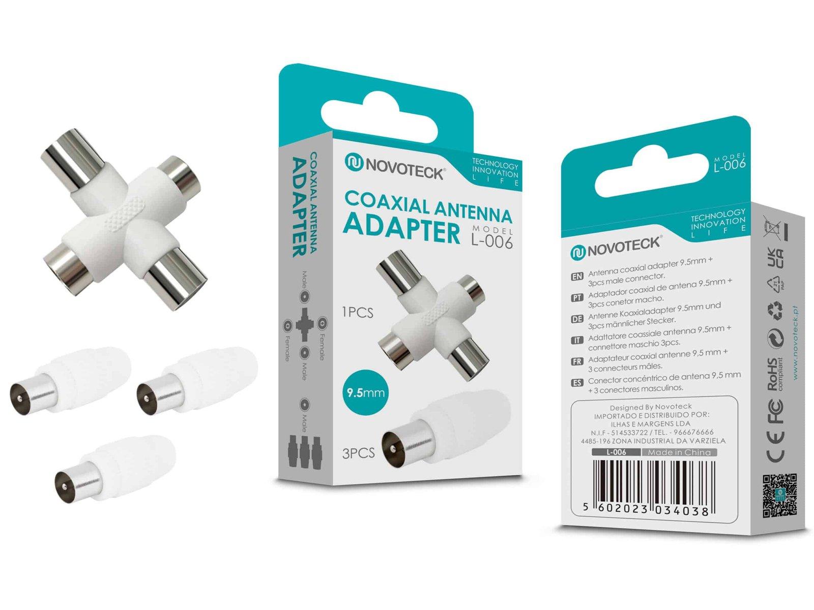 Adaptador de Antena Coaxial NOVOTECK L-006 - Conector Triplo Macho, Instalação Rápida, Alta Durabilidade