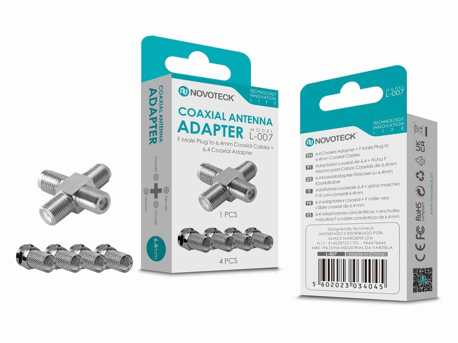 Adaptador Coaxial de Antena NOVOTECK L-007 - Conector F Macho para 6.4mm, Pacote com 4, Alta Durabilidade