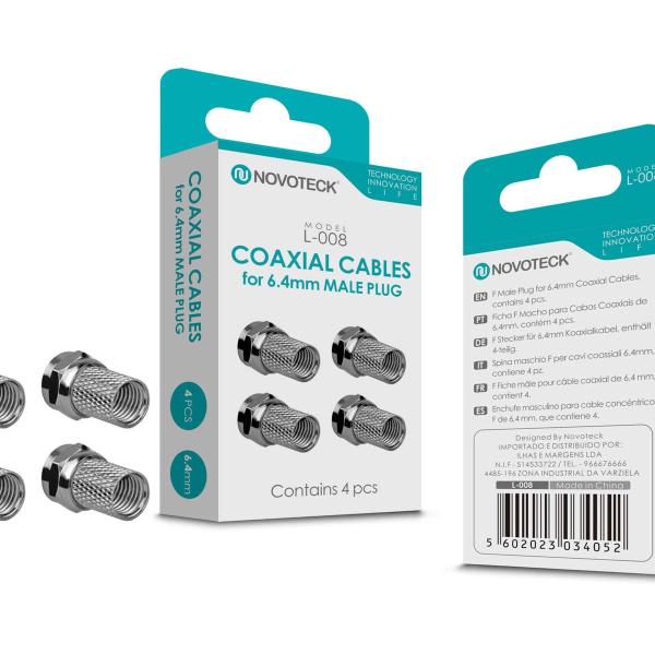 Conjunto de Conetor Coaxiais NOVOTECK L-008 - Conectores F Macho para 6.4mm, Pacote com 4, Instalação Fácil
