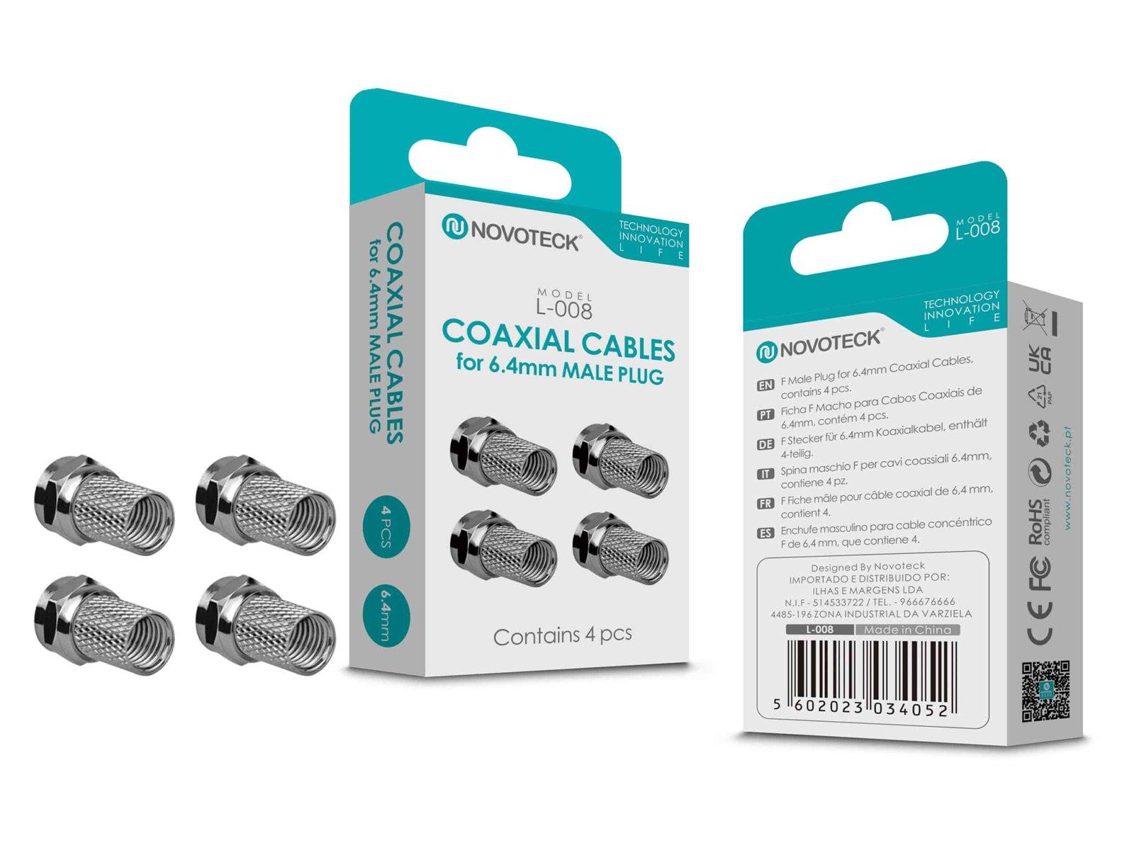Conjunto de Conetor Coaxiais NOVOTECK L-008 - Conectores F Macho para 6.4mm, Pacote com 4, Instalação Fácil