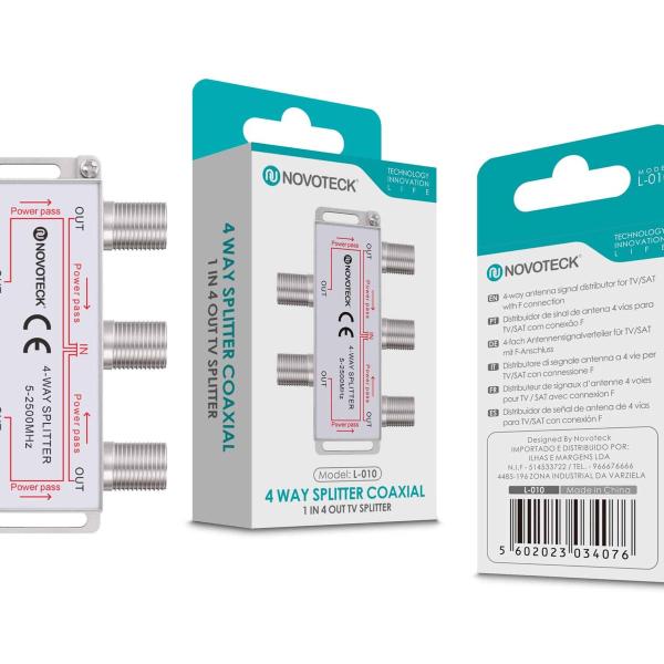 Divisor Coaxial de 4 Vias NOVOTECK L-010 - Compatível com TV/SAT, Power Pass, 5-2500 MHz