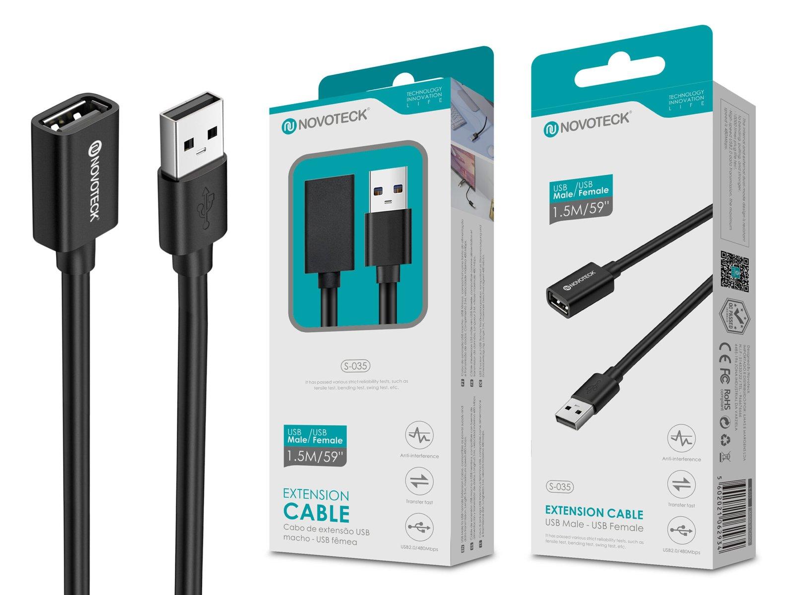 Cabo de Extensão USB - Macho/Fêmea, 1.5m, USB 2.0, S-035