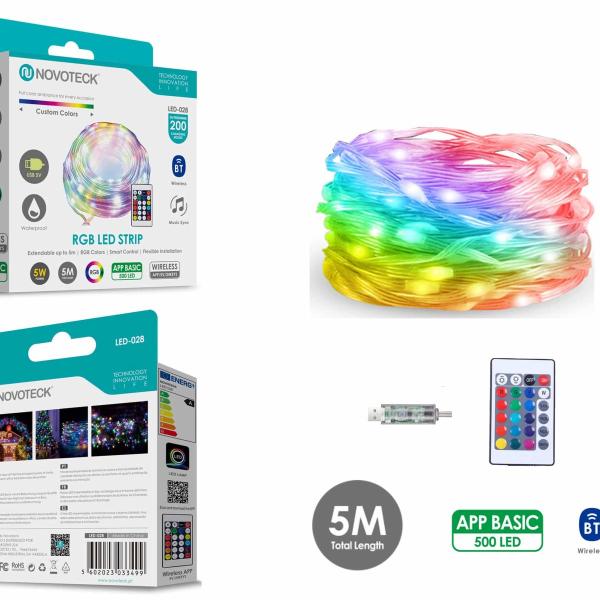 Fita LED Strip RGB Interativa Novoteck LED-028 - 5m, 500 LEDs, 5W, Bluetooth, Controle por App, IP65