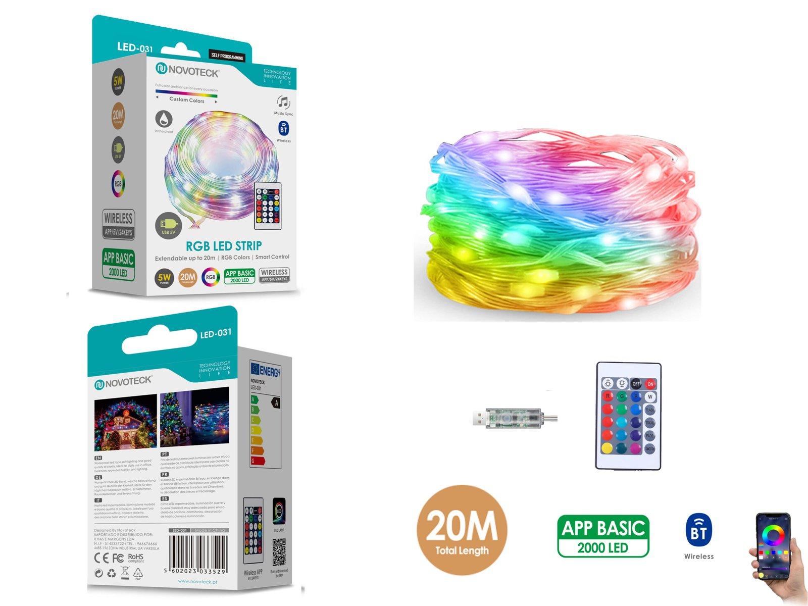 Fita LED Strip RGB Interativa Novoteck LED-031 - 20m, 2000 LEDs, 5W, Bluetooth, Controle por App, IP65