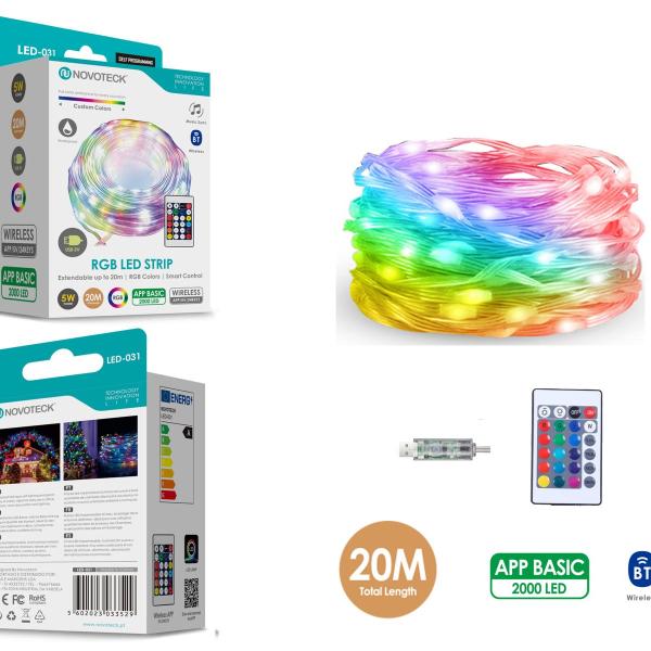 Fita LED Strip RGB Interativa Novoteck LED-031 - 20m, 2000 LEDs, 5W, Bluetooth, Controle por App, IP65