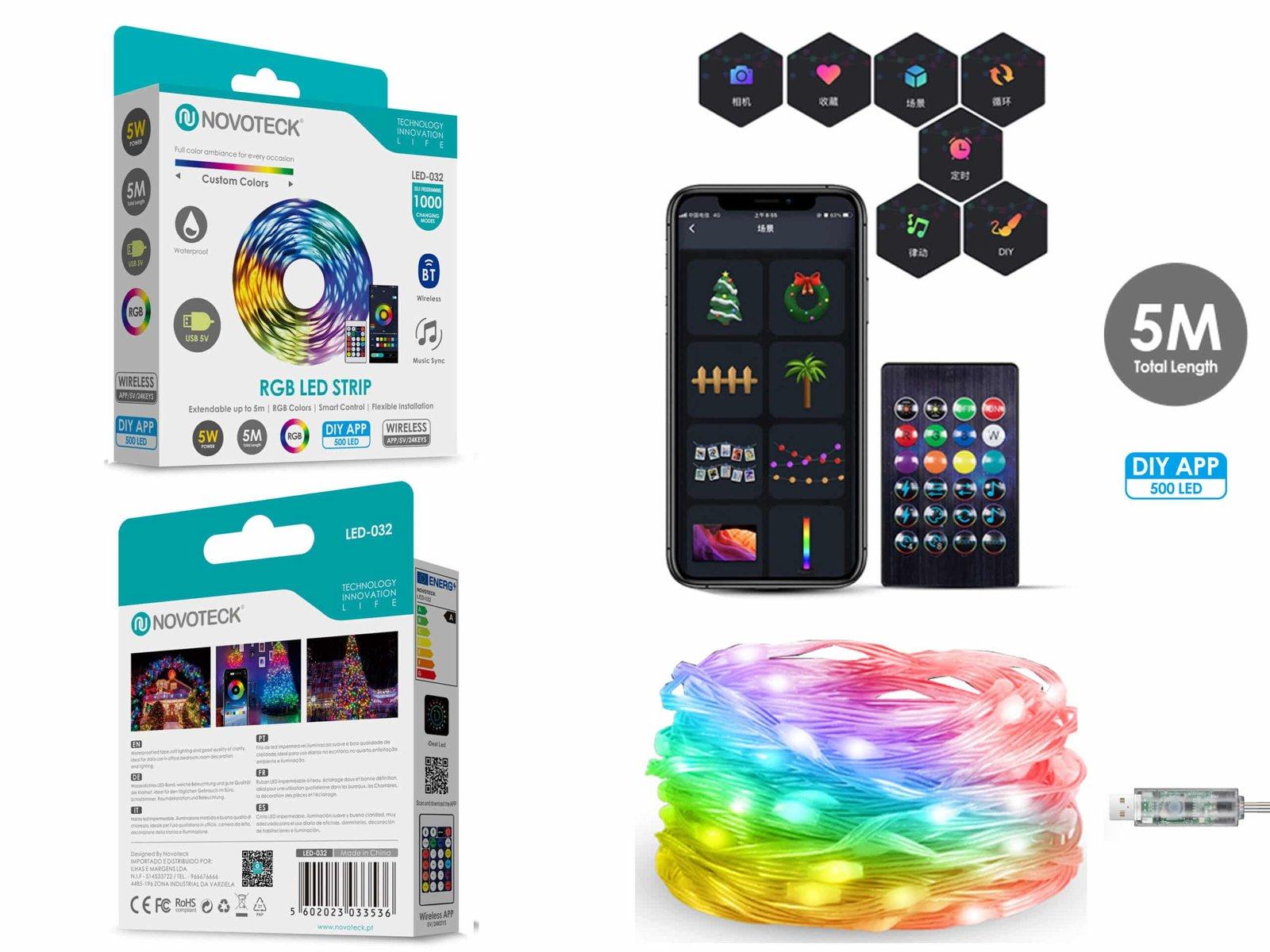 Fita LED Strip RGB Personalizável Novoteck LED-032 - 5m, 500 LEDs, 5W, DIY App, IP65