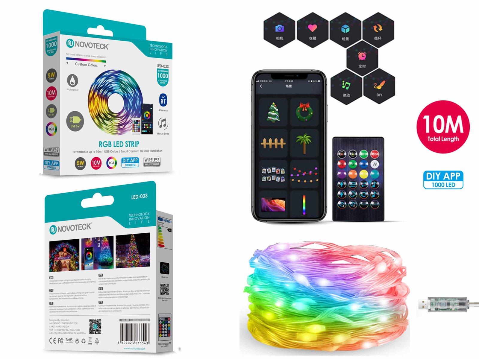 Fita LED Strip RGB Personalizável Novoteck LED-033 - 10m, 1000 LEDs, 5W, DIY App, IP65