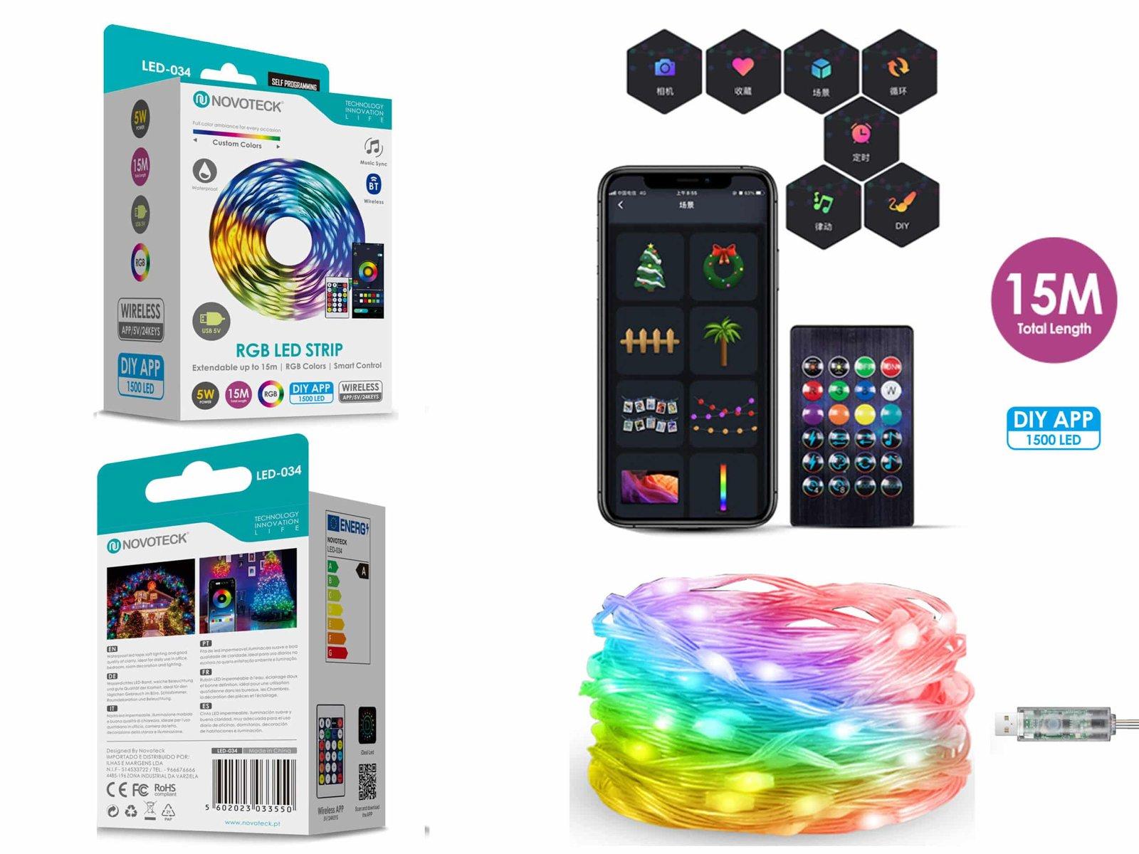 Fita LED Strip RGB Personalizável Novoteck LED-034 - 15m, 1500 LEDs, 5W, DIY App, IP65