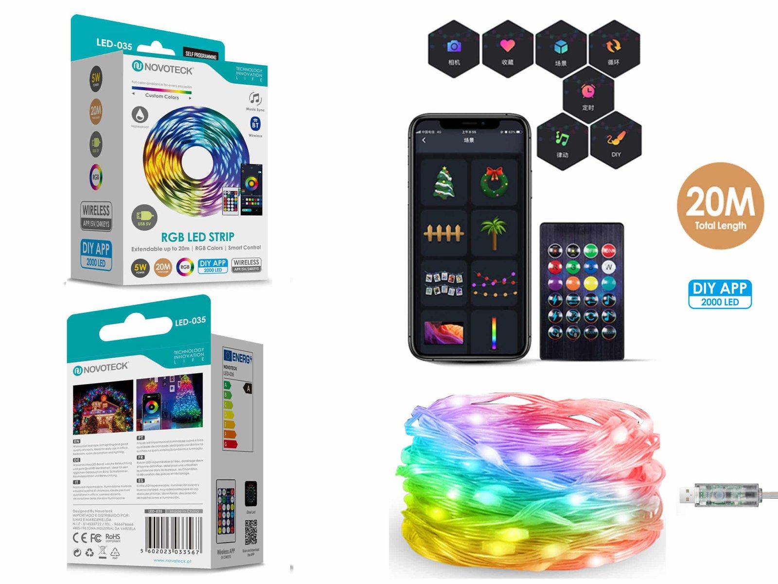 Fita LED Strip RGB Personalizável Novoteck LED-035 - 20m, 2000 LEDs, 5W, DIY App, IP65