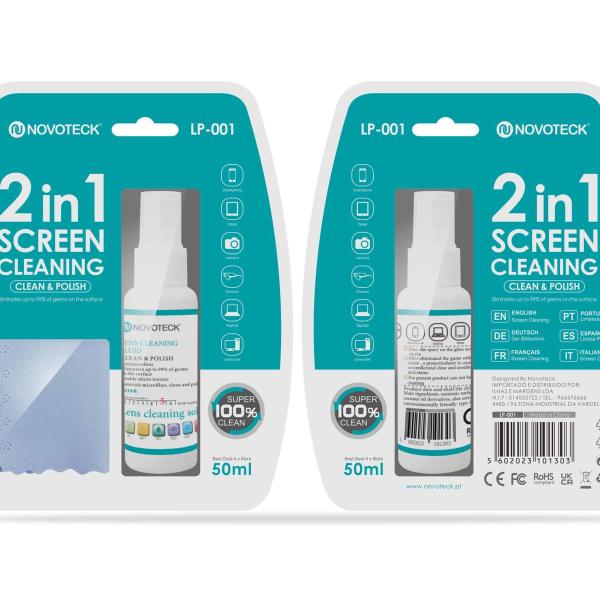 Kit de Limpeza para Telas LP-01 2 em 1 – Líquido 50ml com Pano de Microfibra, Elimina 99% dos Germes, Ideal para Dispositivos Eletrônicos