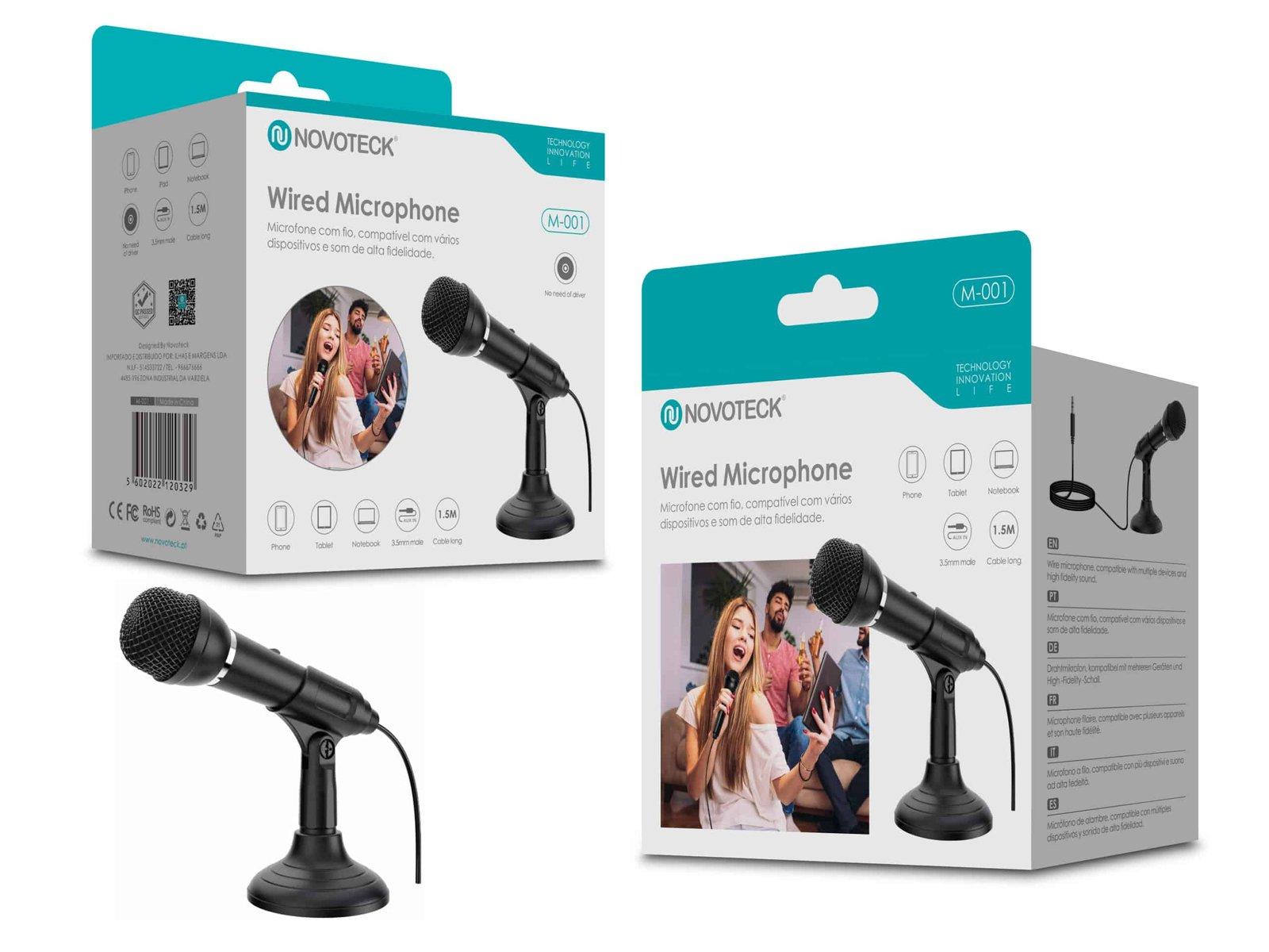 Microfone com Fio NOVOTECK M-001 - Compatível com Multi-Dispositivos, Plug-and-Play