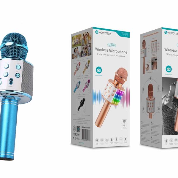 Microfone Bluetooth Sem Fios Azul M-004 com Alto-Falante Integrado e Luz LED – Karaokê Portátil