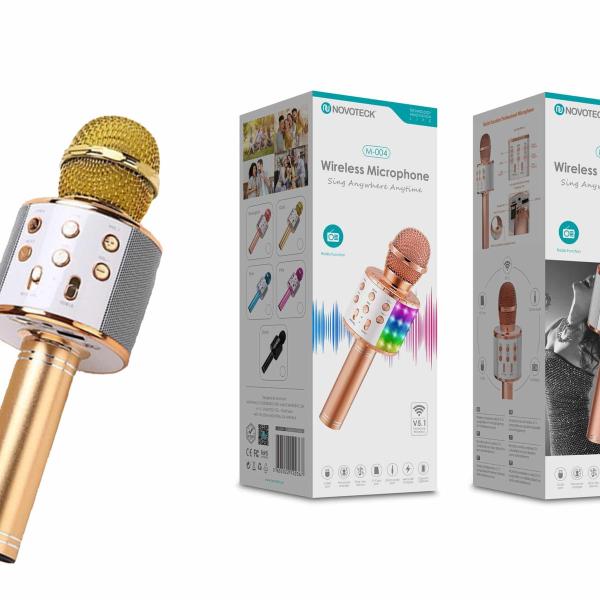 Microfone Bluetooth Sem Fios Dourado M-004 com Alto-Falante Integrado e Luz LED – Karaokê Portátil