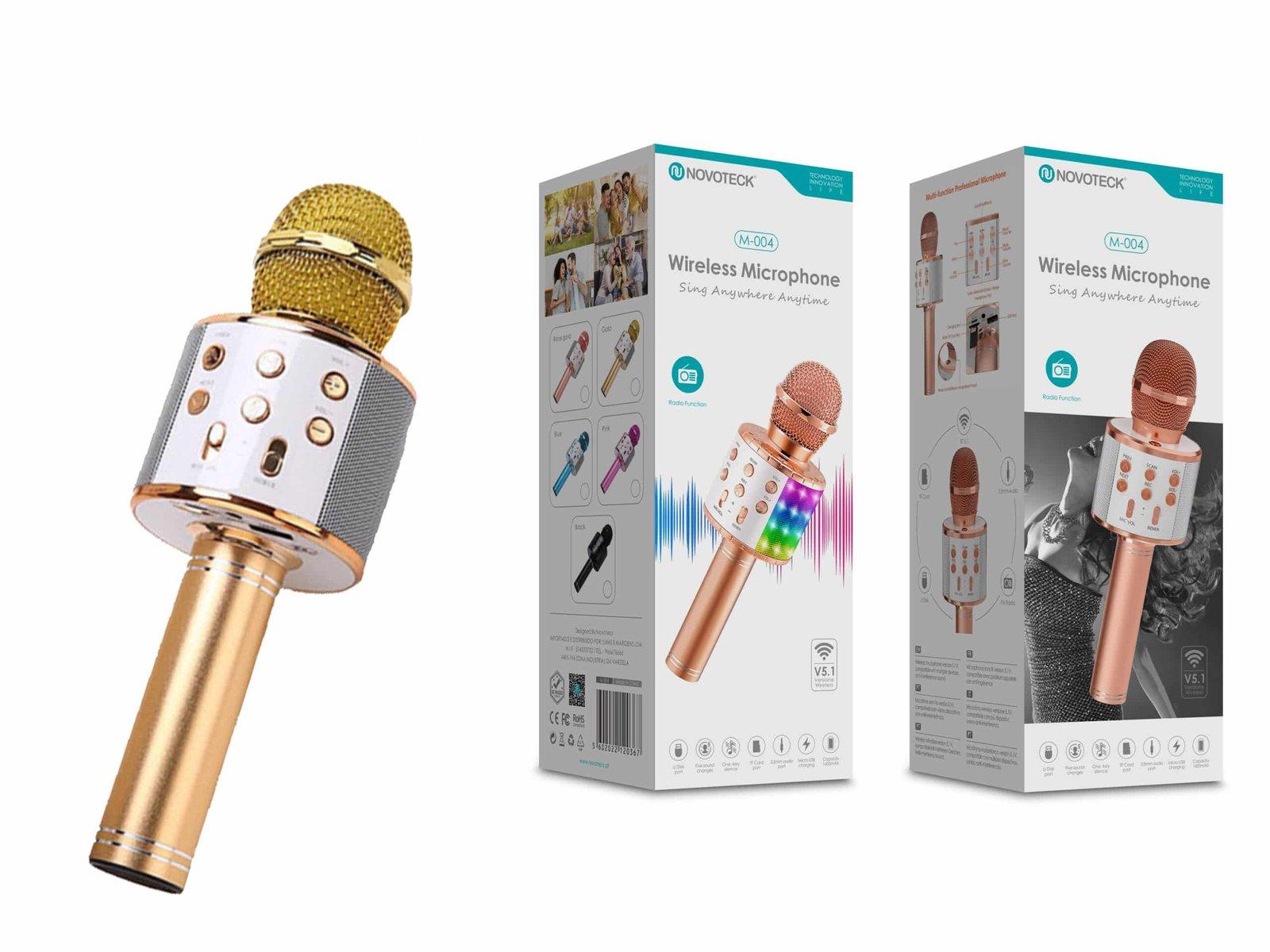 Microfone Bluetooth Sem Fios Dourado M-004 com Alto-Falante Integrado e Luz LED – Karaokê Portátil