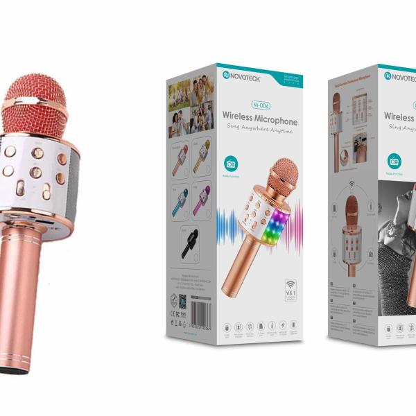 Microfone Bluetooth Sem Fios Rosa Gold M-004 com Alto-Falante Integrado e Luz LED – Karaokê Portátil