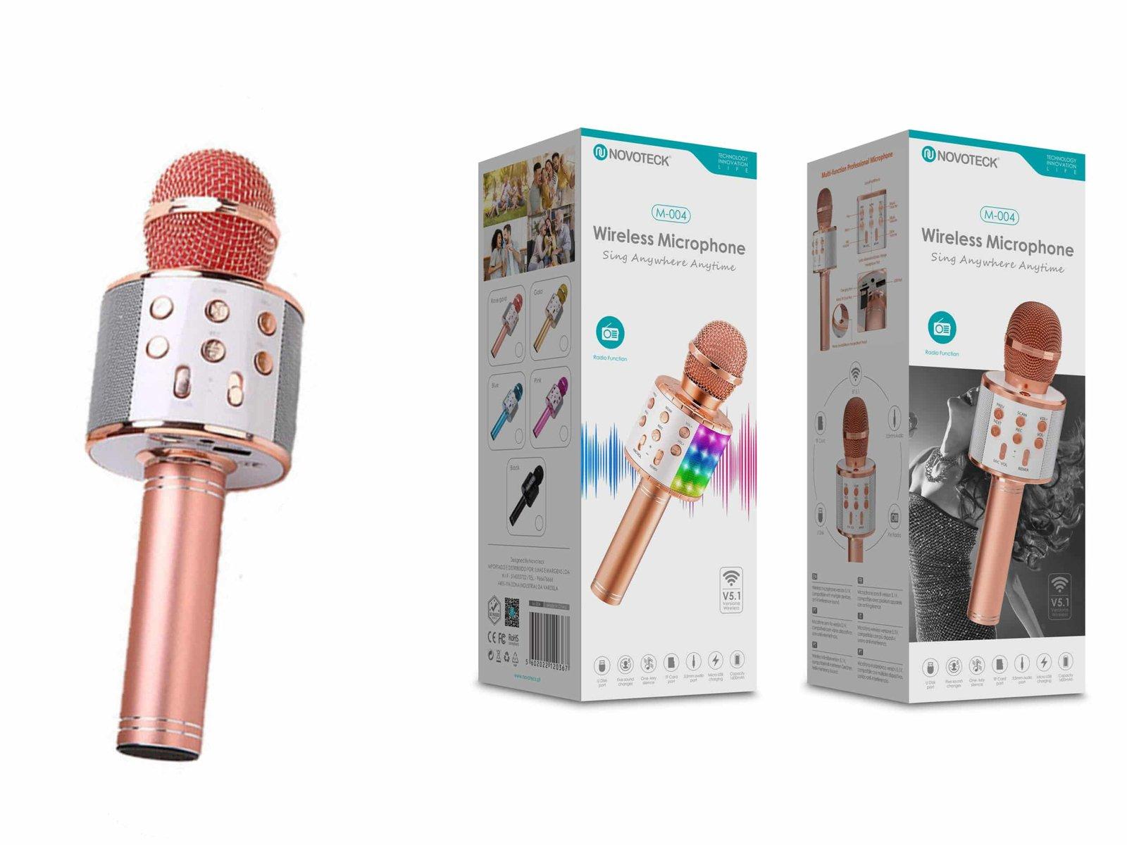 Microfone Bluetooth Sem Fios Rosa Gold M-004 com Alto-Falante Integrado e Luz LED – Karaokê Portátil