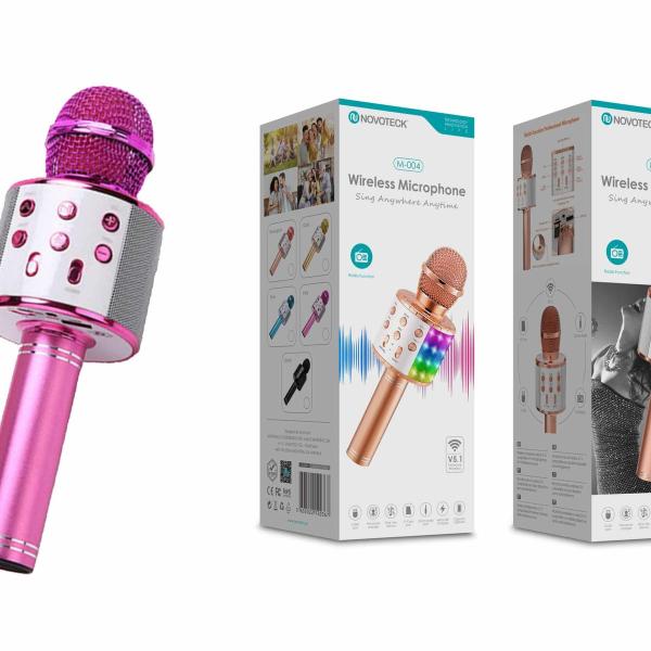 Microfone Bluetooth Sem Fios Rosa M-004 com Alto-Falante Integrado e Luz LED – Karaokê Portátil