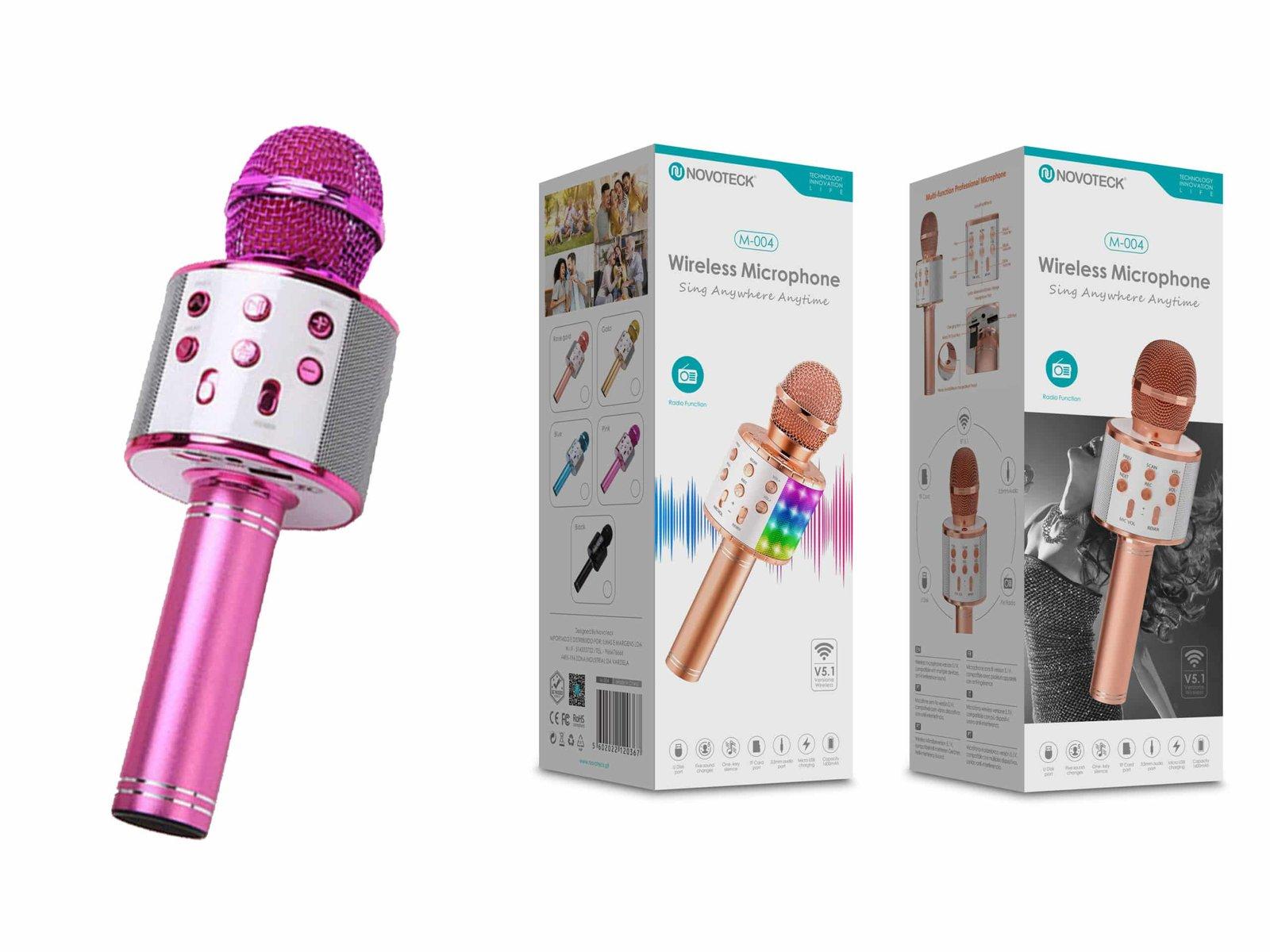 Microfone Bluetooth Sem Fios Rosa M-004 com Alto-Falante Integrado e Luz LED – Karaokê Portátil