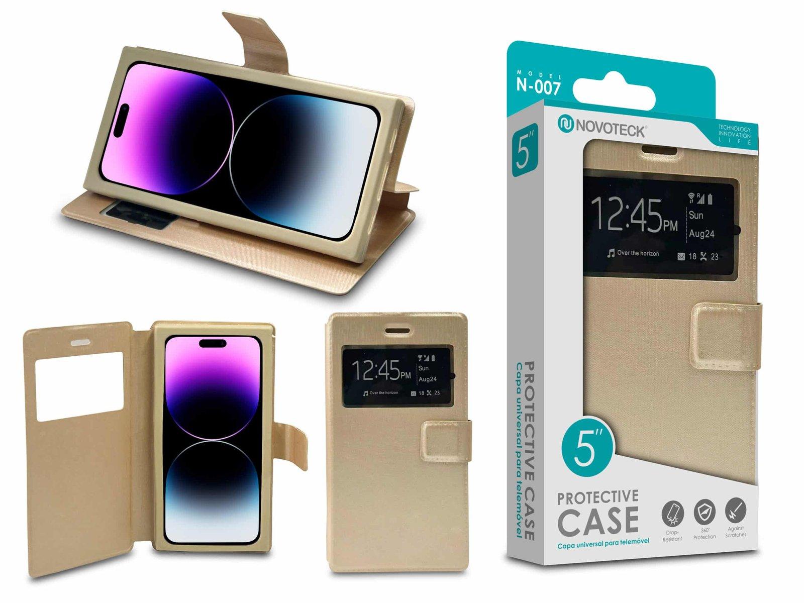 Capa Protetora Universal Dourado para Smartphone de 5'' N-007 - Visor Inteligente, Resistência a Impactos e Suporte Integrado