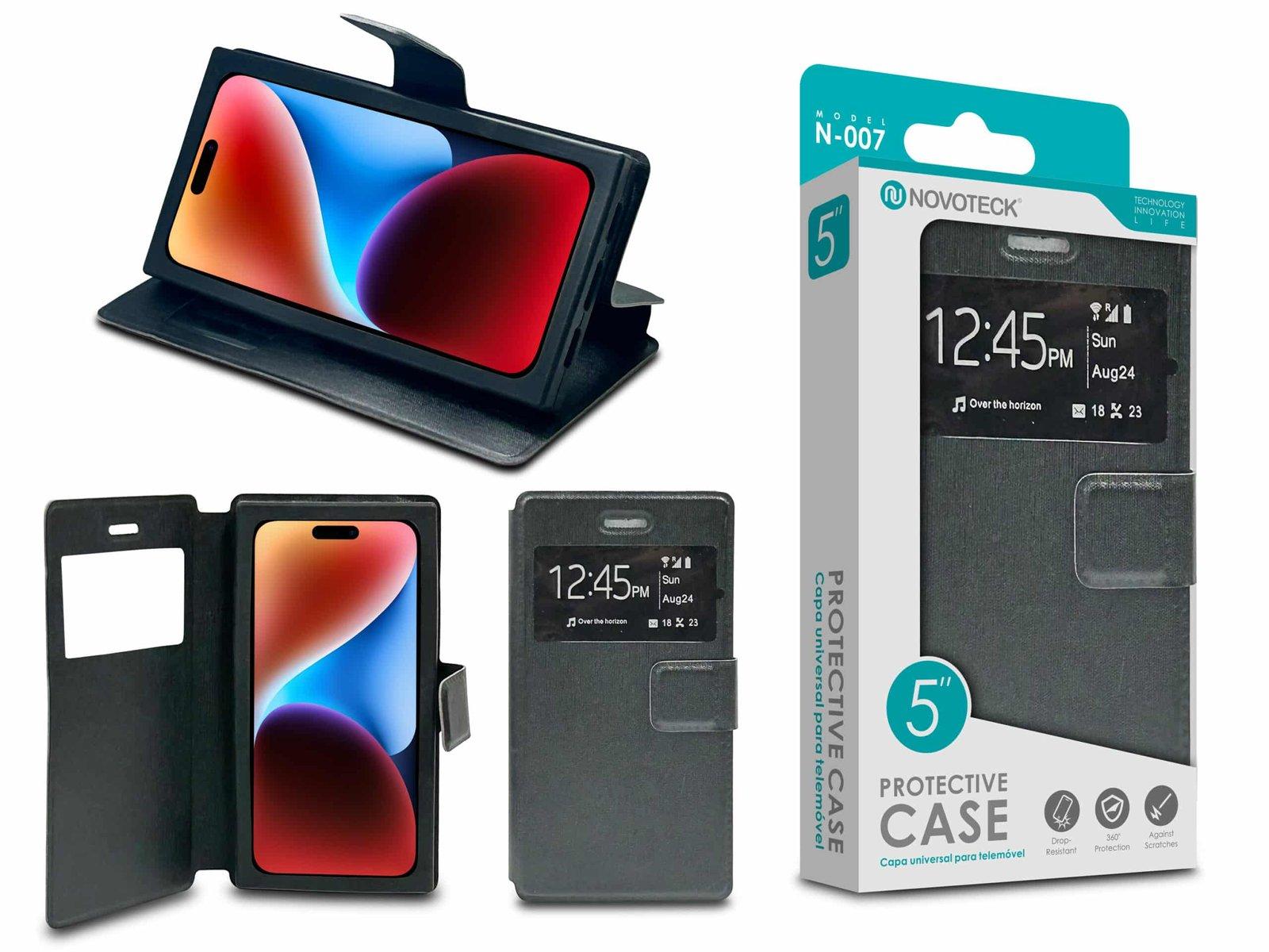 Capa Protetora Universal Negro para Smartphone de 5'' N-007 - Visor Inteligente, Resistência a Impactos e Suporte Integrado