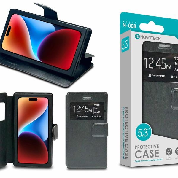 Capa Protetora Universal Negro para Smartphone de 5.3'' N-008 - Visor Inteligente, Resistência a Impactos e Suporte Integrado