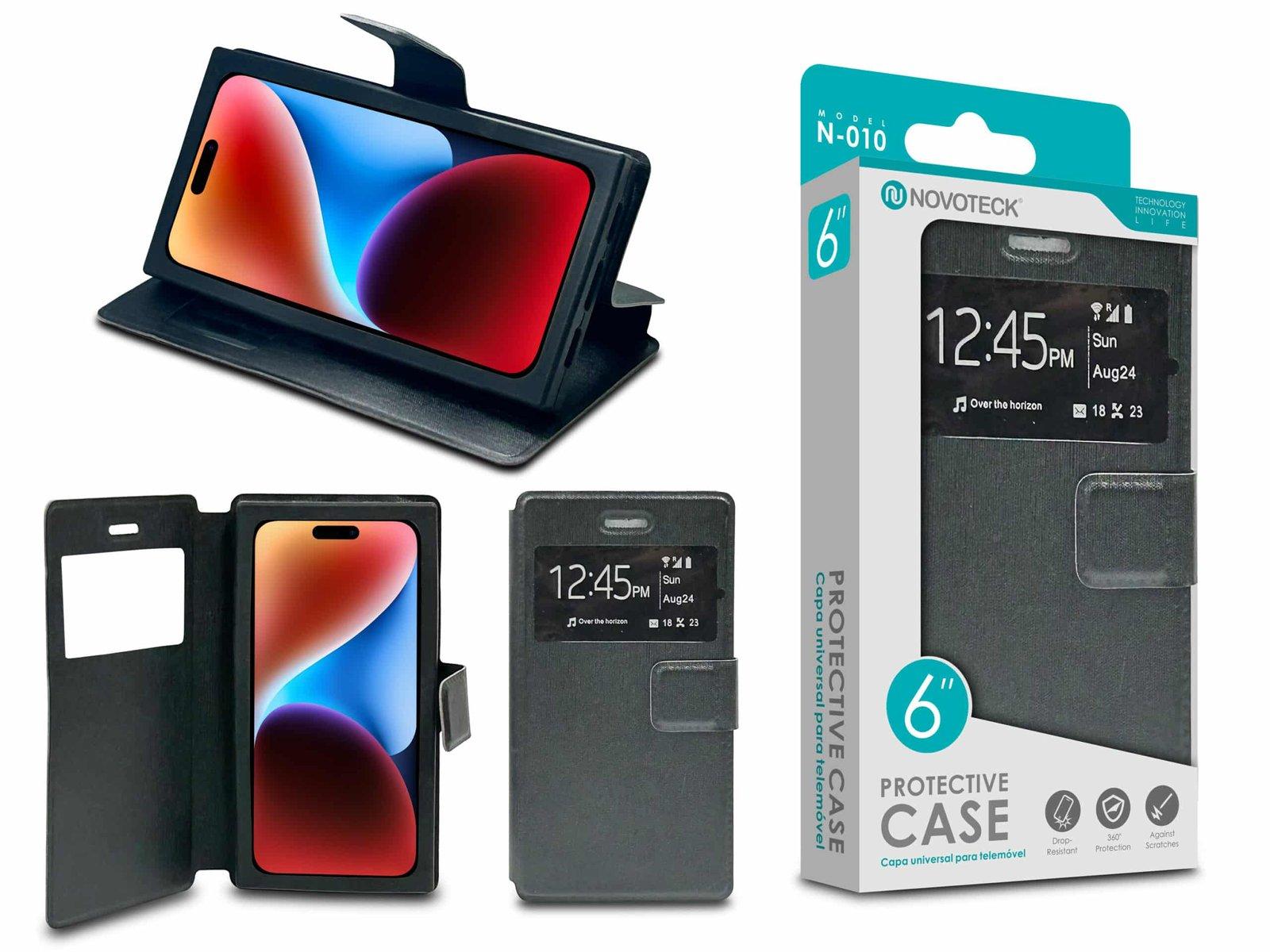 Capa Protetora Universal Negro para Smartphone de 6.0” N-010 – Visor Inteligente, Resistência a Impactos e Suporte Integrado