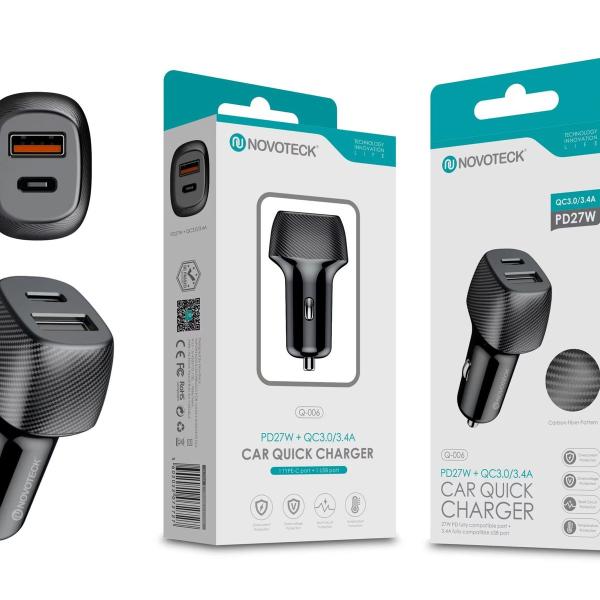 Carregador de Carro Rápido Novoteck Q-006 com PD 27W e USB 3.4A QC3.0