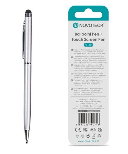 Caneta 2 em 1 Novoteck NP-07 – Esferográfica e Touch Screen, Compatível com Dispositivos Capacitivos, Disponível em Múltiplas Cores - Prateado