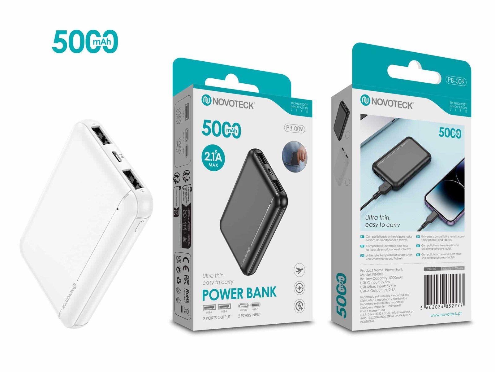 Power Bank Ultra Fino 5000mAh PB-009 Branco – Compacto e Portátil