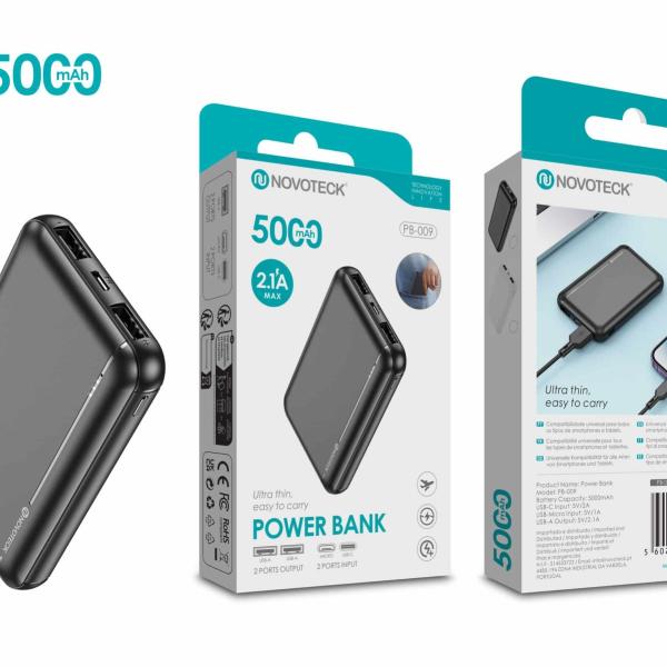 Power Bank Ultra Fino 5000mAh PB-009 Negro – Compacto e Portátil