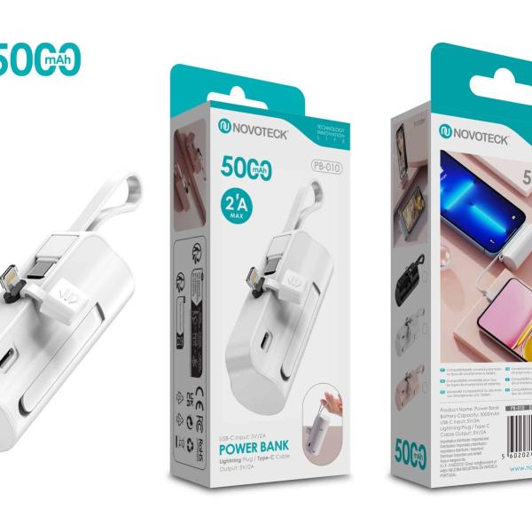Power Bank 5000mAh PB-010 Branco - Design Compacto com Suporte e Cabo Integrado