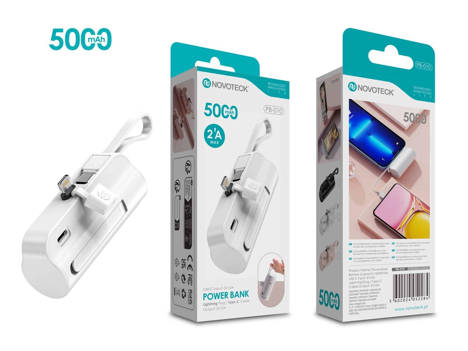 Power Bank 5000mAh PB-010 Branco – Design Compacto com Suporte e Cabo Integrado