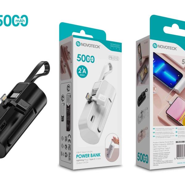 Power Bank 5000mAh PB-010 Negro - Design Compacto com Suporte e Cabo Integrado