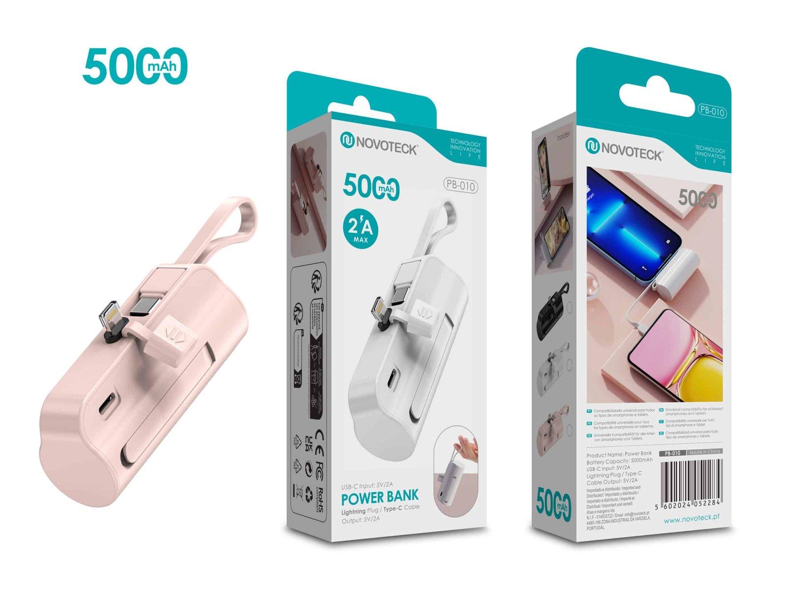 Power Bank 5000mAh PB-010 Rosa – Design Compacto com Suporte e Cabo Integrado