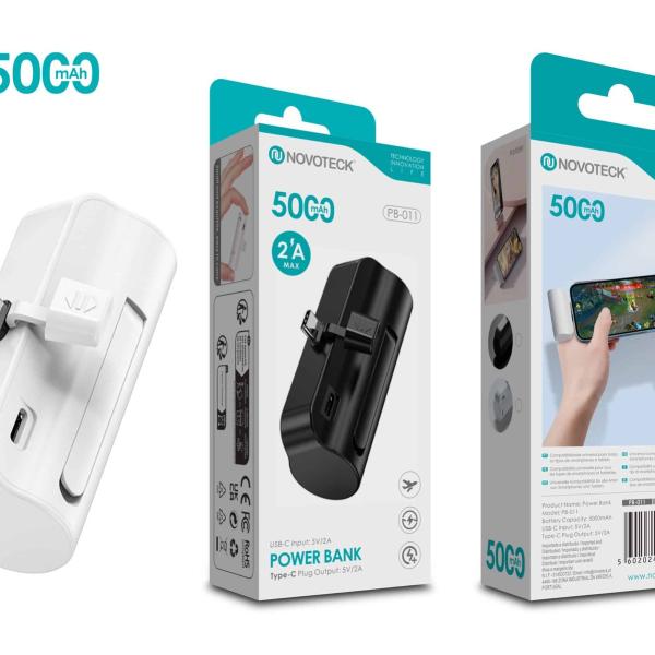 Power Bank 5000mAh PB-011 Branco – Design Compacto com Suporte para Smartphone