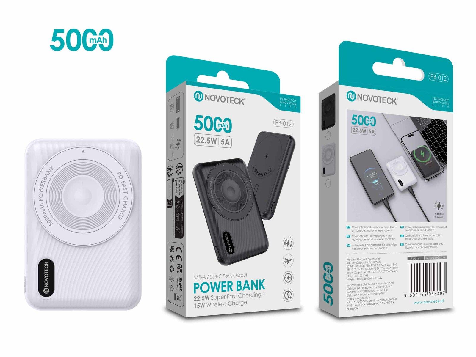 Power Bank 5000mAh PB-012 Branco - Carregamento Rápido 22.5W com Carregamento Sem Fios 15W